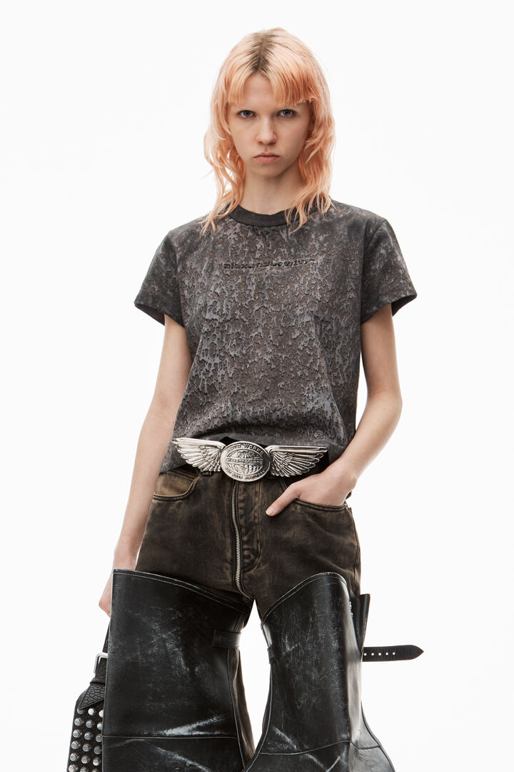 Logo Embossed Splatter Wash Shrunken Tee in Cotton Hemp Jersey