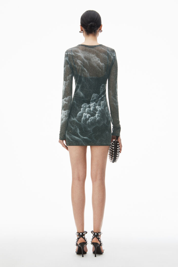 crystal hotfix cloud-print sheer minidress in organza jersey