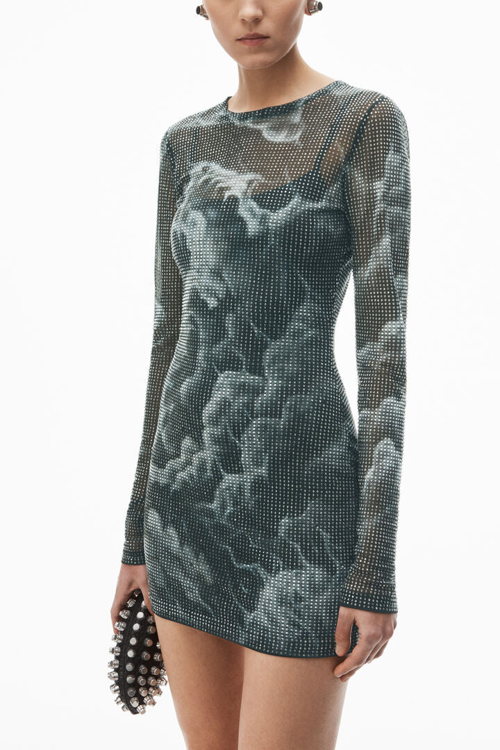 crystal hotfix cloud-print sheer minidress in organza jersey