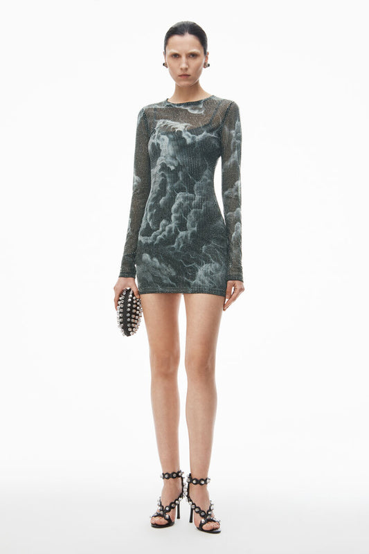 crystal hotfix cloud-print sheer minidress in organza jersey