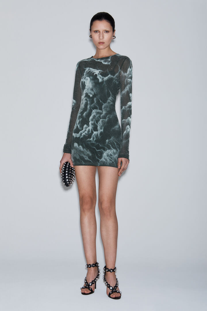 crystal hotfix cloud-print sheer minidress in organza jersey