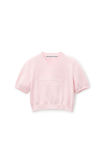 Logo Embossed Short Sleeve Ribbed Pullover in Soft Chenille