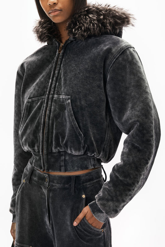 zip-up hoodie in velour with shearling hood