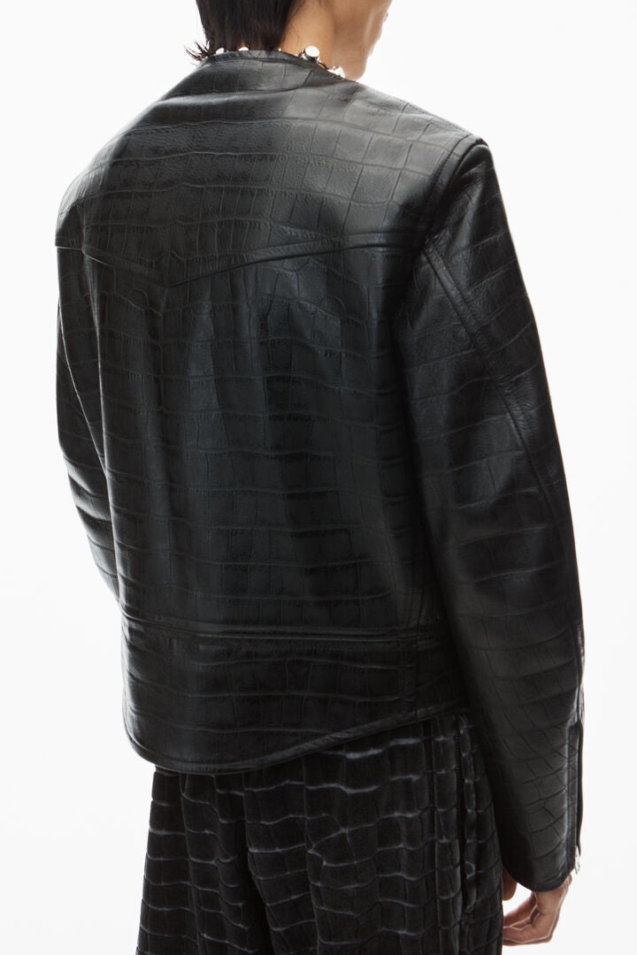 collarless croc-embossed leather jacket