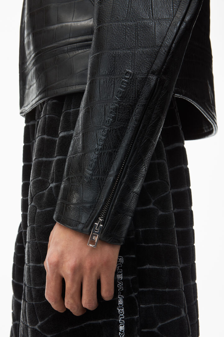 collarless croc-embossed leather jacket