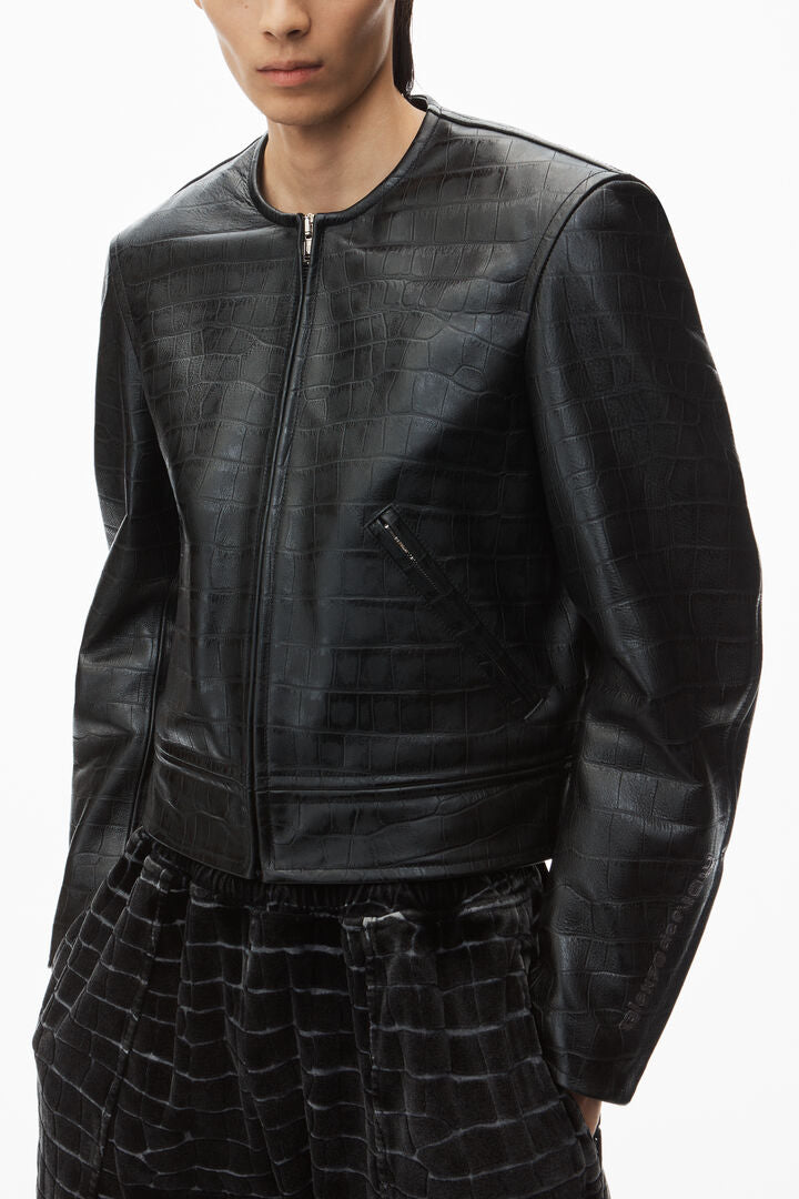 collarless croc-embossed leather jacket