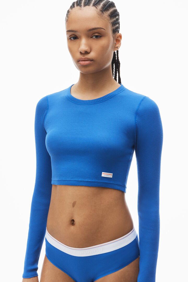 cropped long-sleeve tee in ribbed cotton