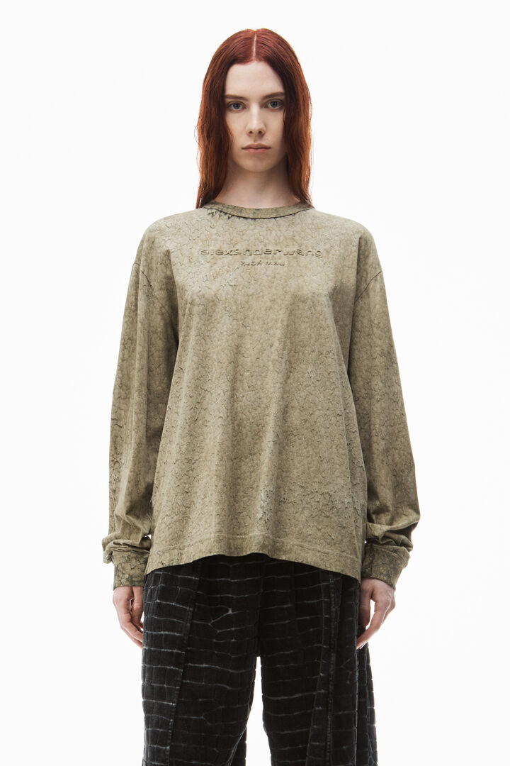 Logo Embossed Splatter Wash Long sleeve tee in Cotton Hemp Jersey