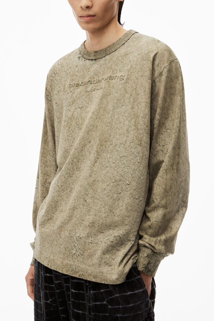 Logo Embossed Splatter Wash Long sleeve tee in Cotton Hemp Jersey